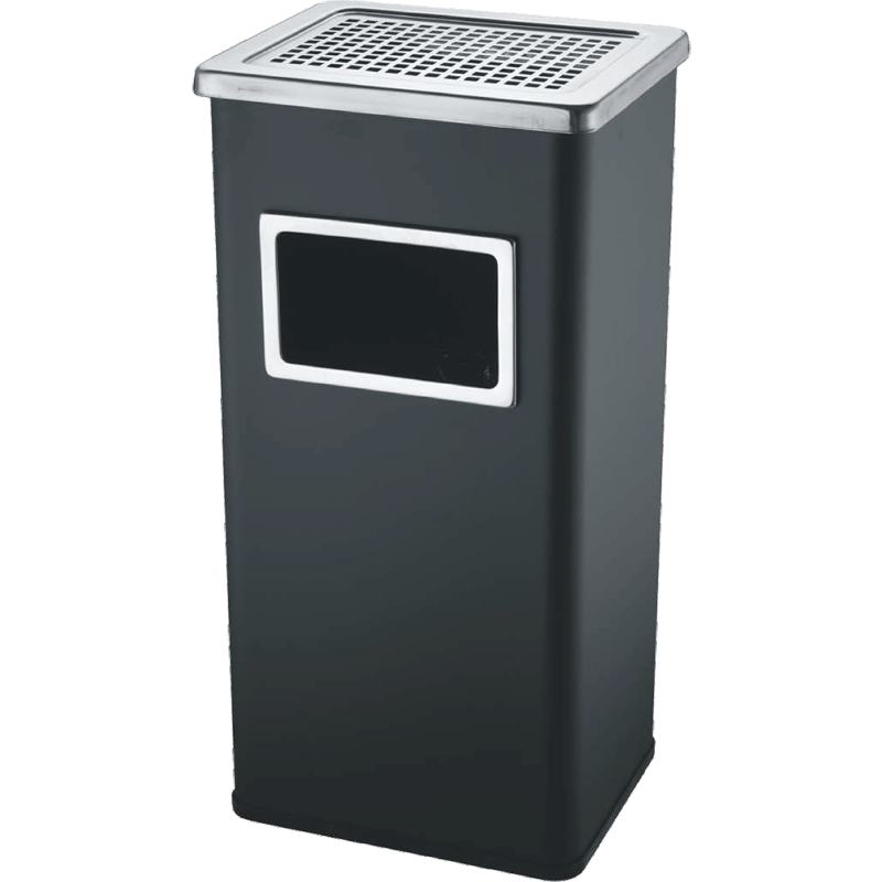 HZ870 commercial lobby stainless steel trash bin with square ashtray top, 30L stainless steel and black finishes - Black
