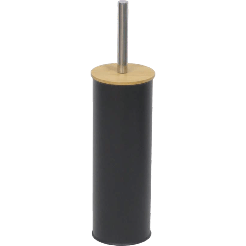 TB008 bamboo lid toilet brush holder with black and white body, eco-friendly modern bathroom cleaning set for hotel and home - Black