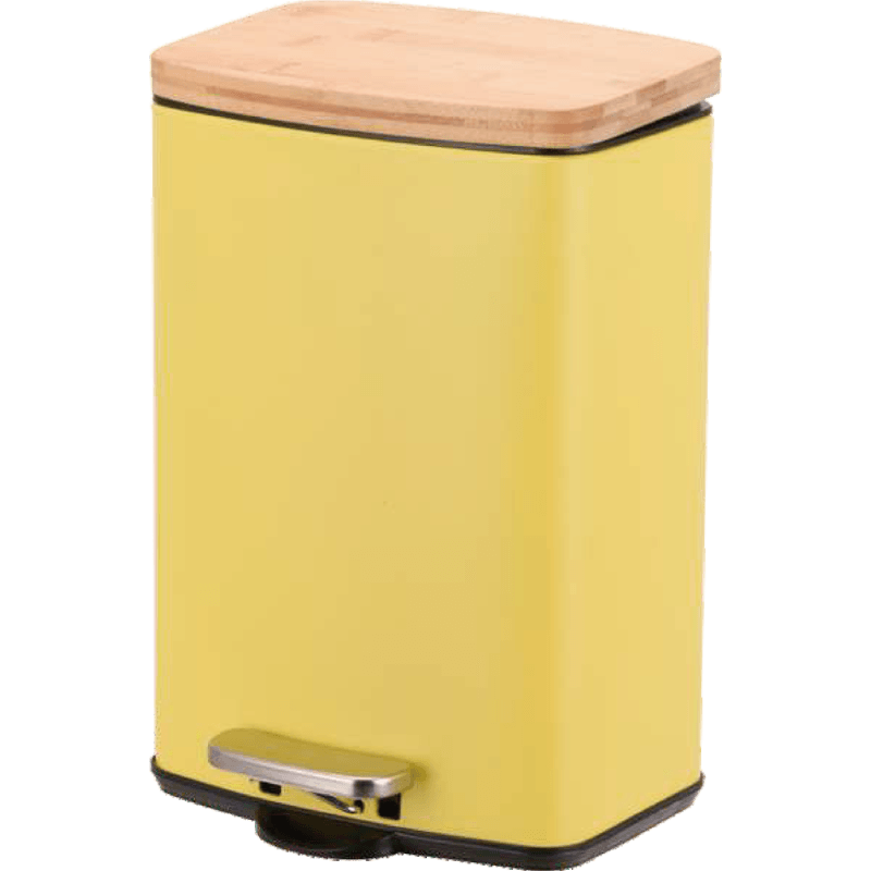 HZ200C colorful household trash can with bamboo lid, pastel yellow, square pedal design for home use