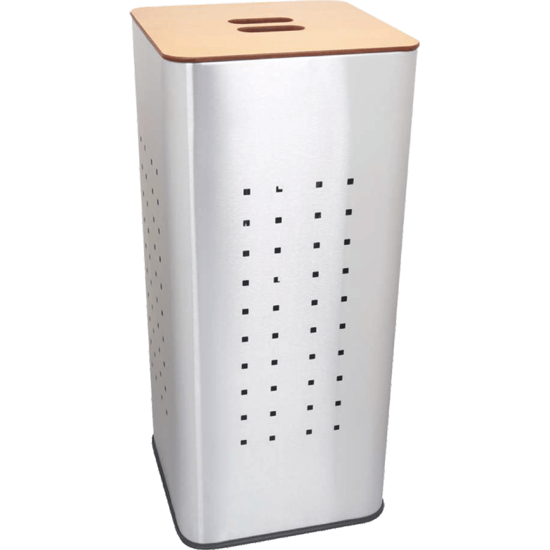 HZ620 perforated stainless steel bathroom trash can with wooden and black lids, 55L and 70L sizes in multiple finishes - Satin 55L