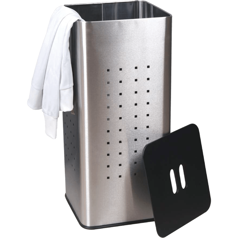HZ620 perforated stainless steel bathroom trash can with wooden and black lids, 55L and 70L sizes in multiple finishes - lid open