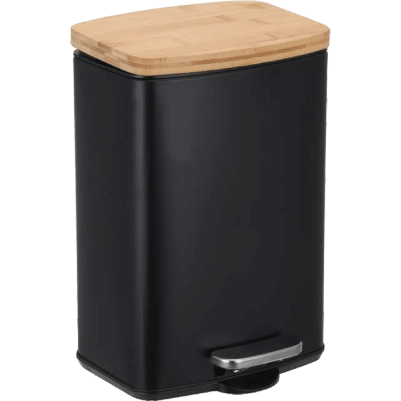 HZ200C colorful household trash can with bamboo lid, pastel black, square pedal design for home use