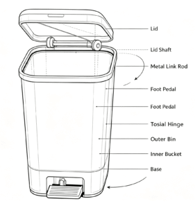 Stainless steel pedal trash can full pedal mechanism exploded view – pedal, linkage, hinge, spring assembly